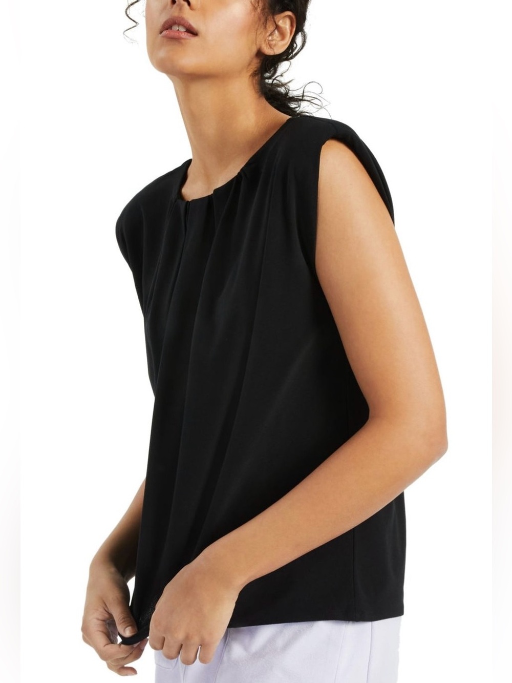 Alfani Garden Oasis Pleated Padded Shoulder Top Black Size S NWT